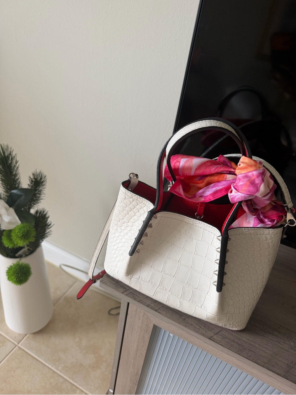 Christian Louboutin White Croc-Embossed Tote with Pink-Orange Scarf